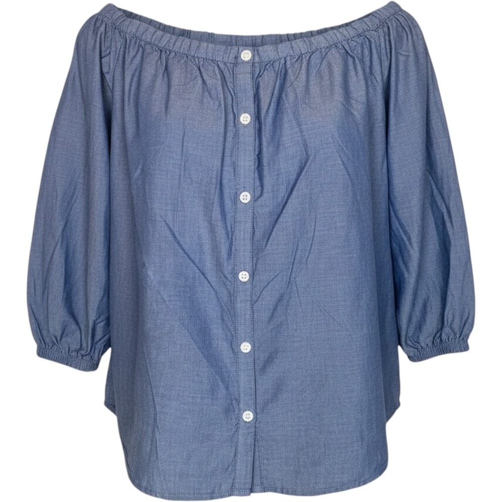 MERONA Off Shoulder Chambray Button Front 3/4 Sleeve Blouse Top Women Medium
